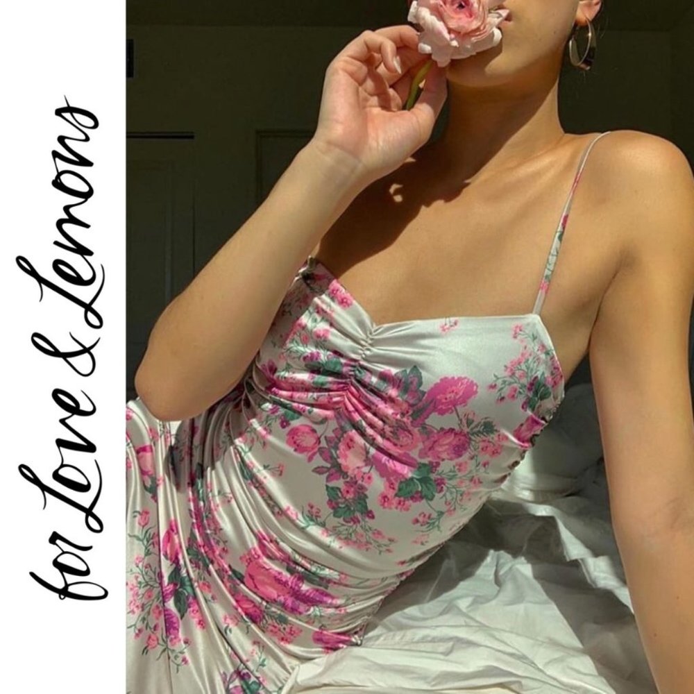 For Love & Lemons Pink Floral Satin Slip Dress